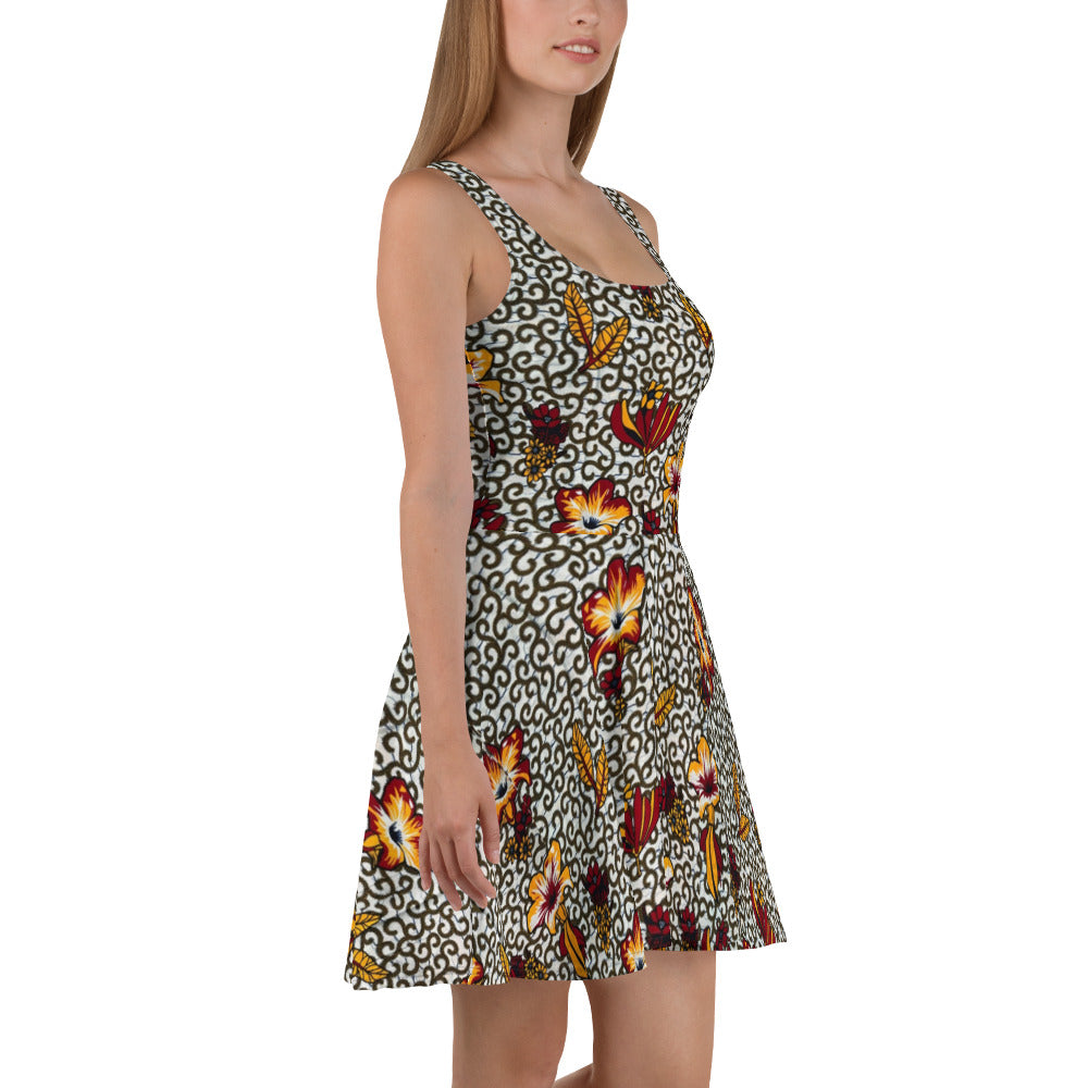 Red White & Yellow Flower Ankara Skater Dress