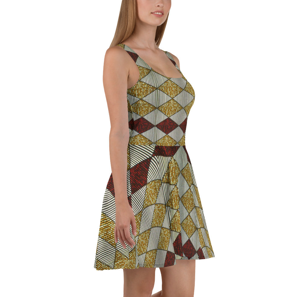 Burgundy Gold Diamond Ankara Skater Dress