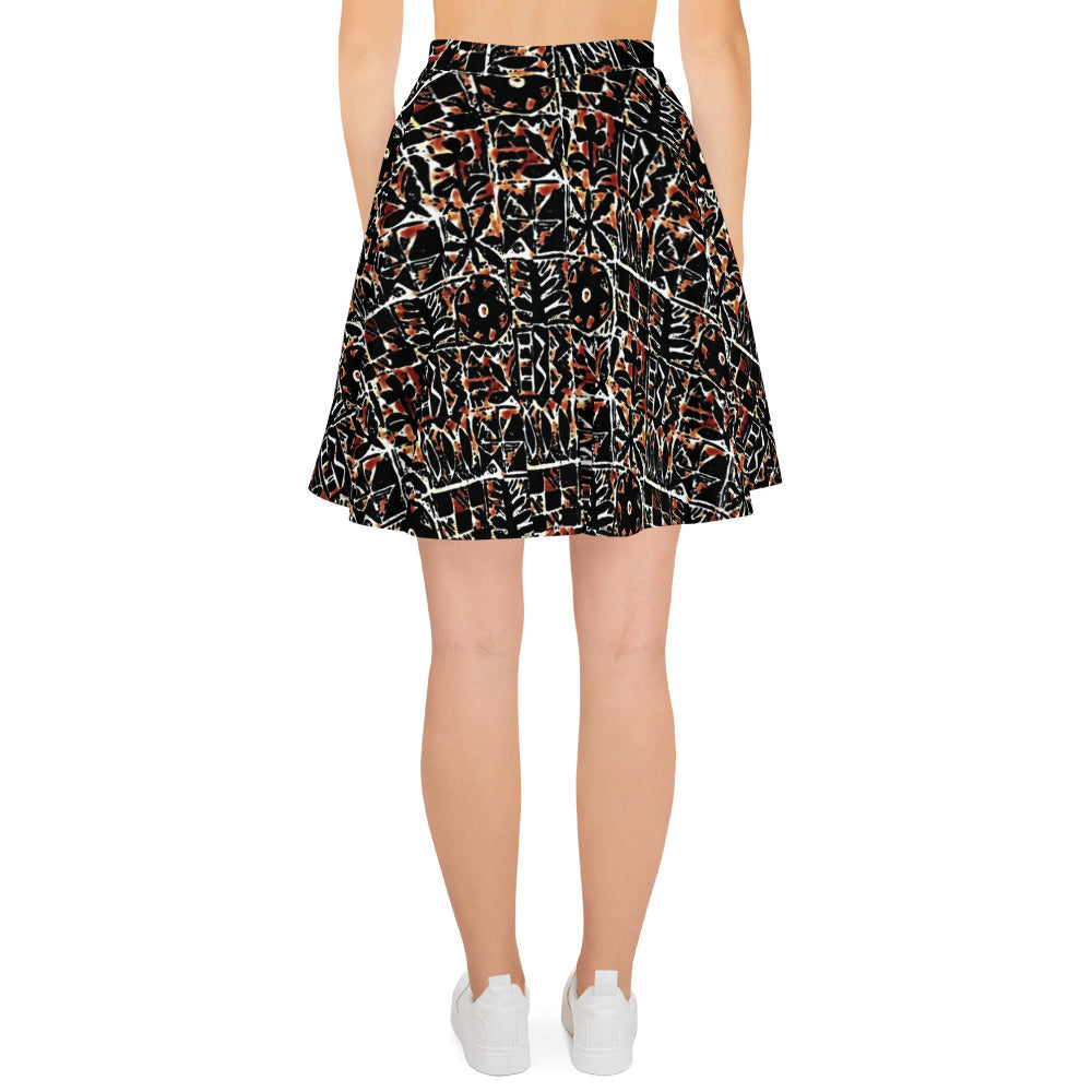 Red Black Abstract Adire Ankara Skater Skirt