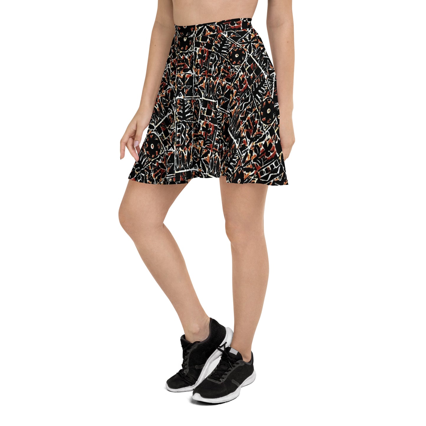 Red Black Abstract Adire Ankara Skater Skirt