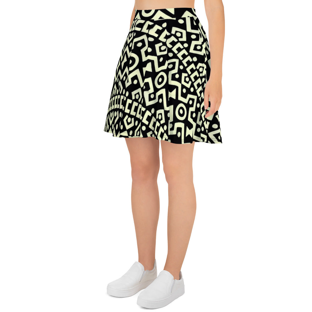 Black Cream Bogolan Ankara Skater Skirt