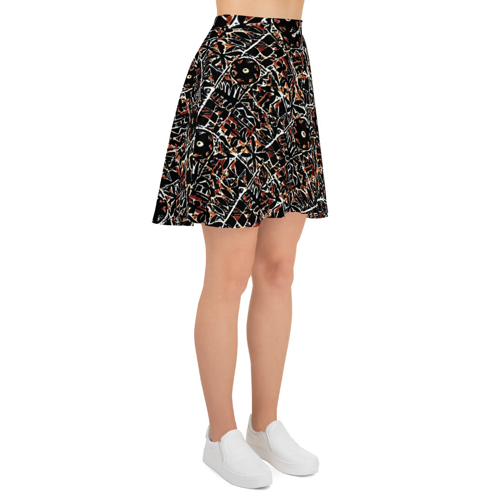 Red Black Abstract Adire Ankara Skater Skirt