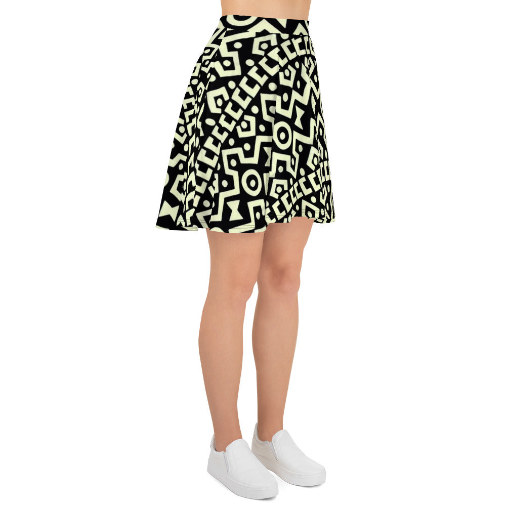 Black Cream Bogolan Ankara Skater Skirt