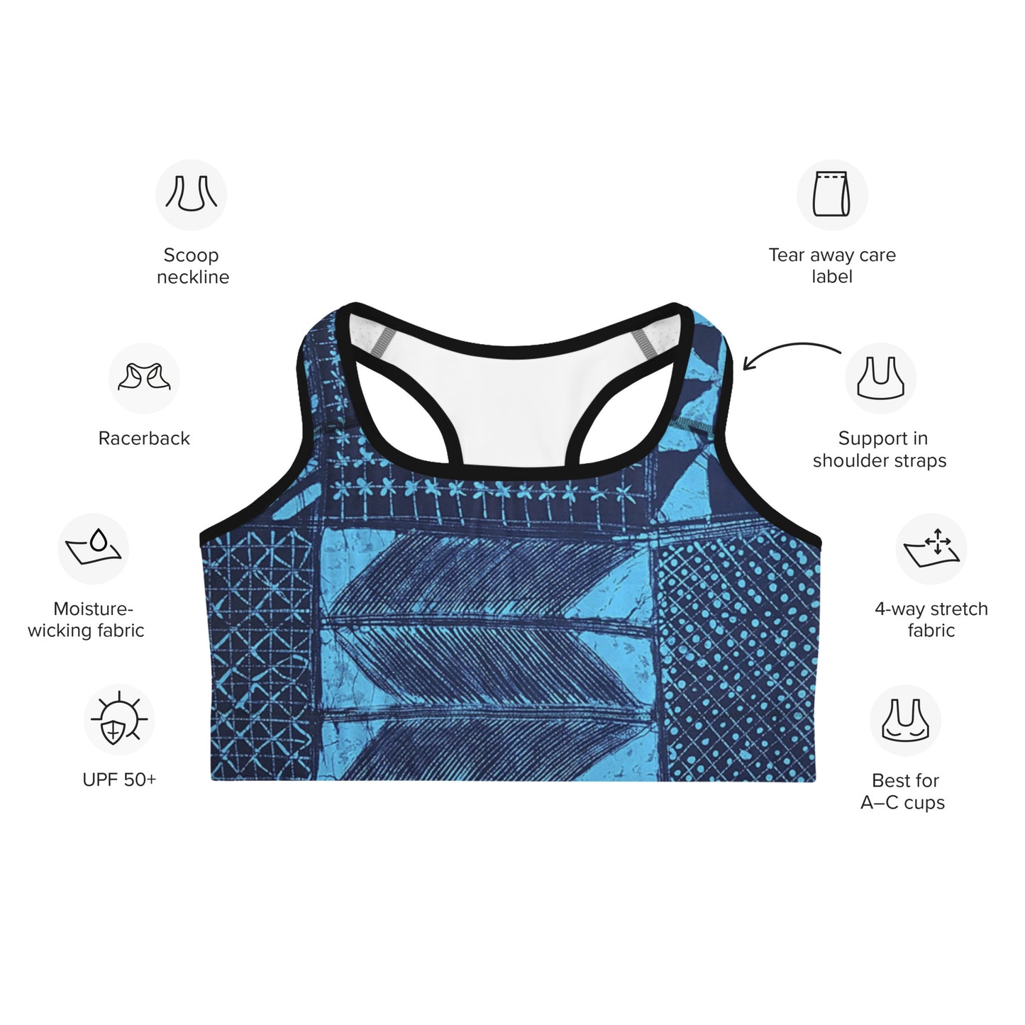 Black And Turquoise Shapes Adire Sports bra