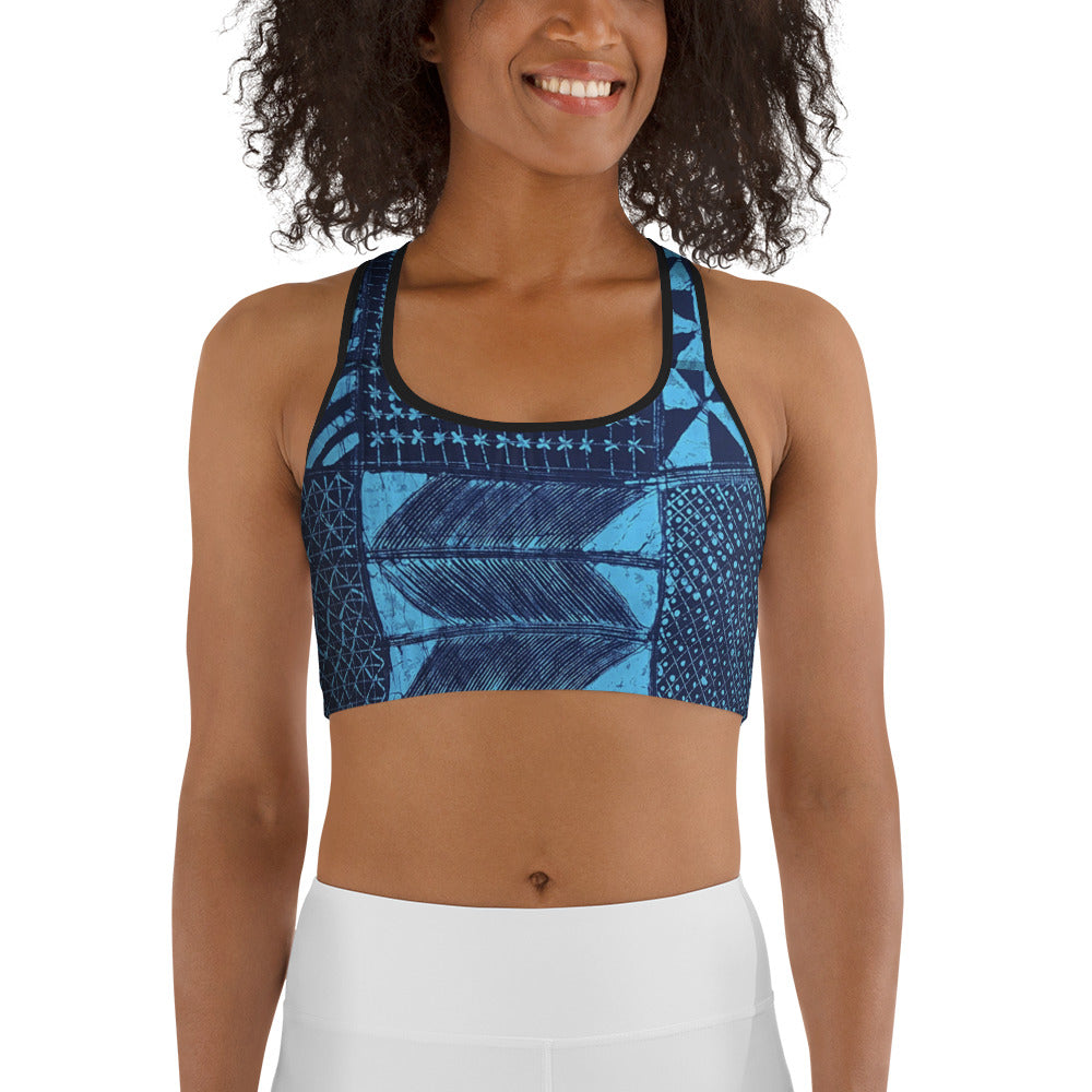 Black And Turquoise Shapes Adire Sports bra