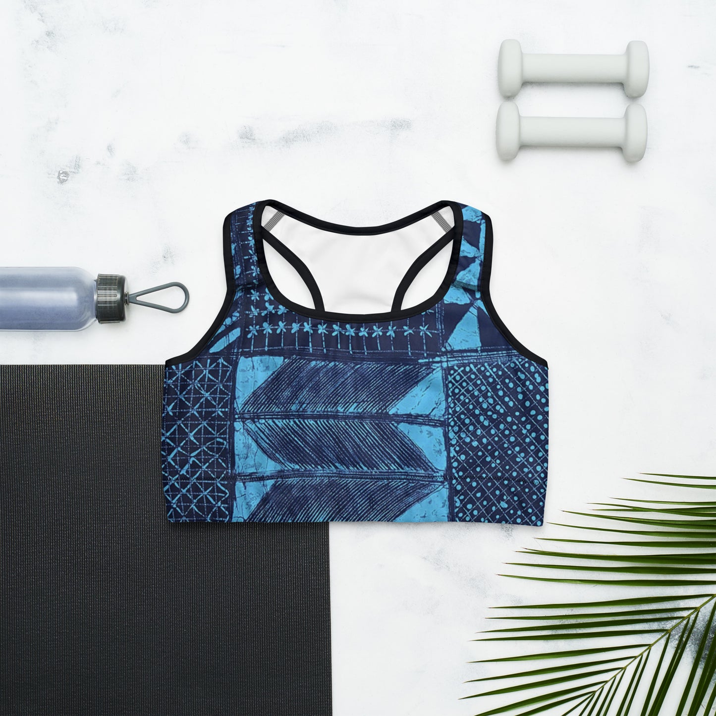 Black And Turquoise Shapes Adire Sports bra