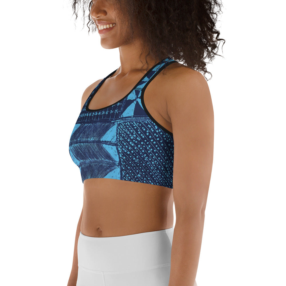 Black And Turquoise Shapes Adire Sports bra