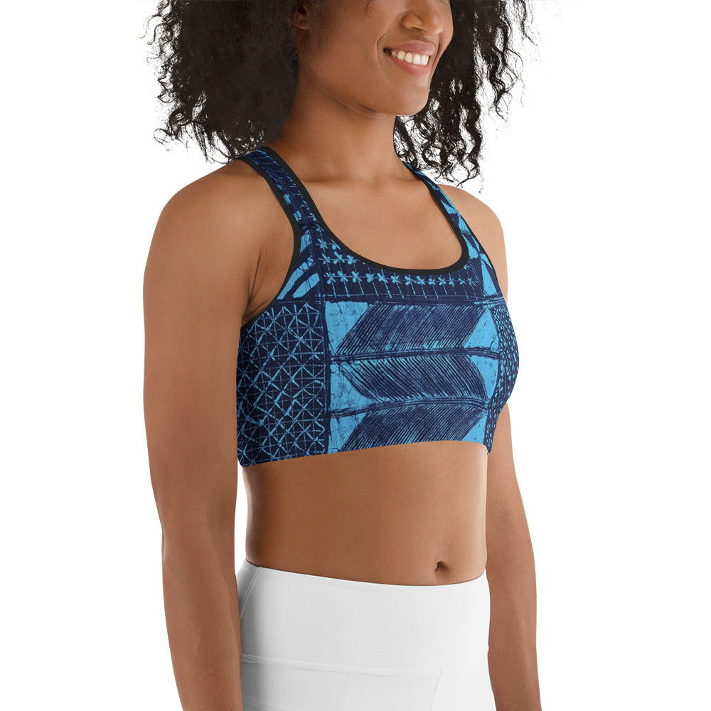 Black And Turquoise Shapes Adire Sports bra