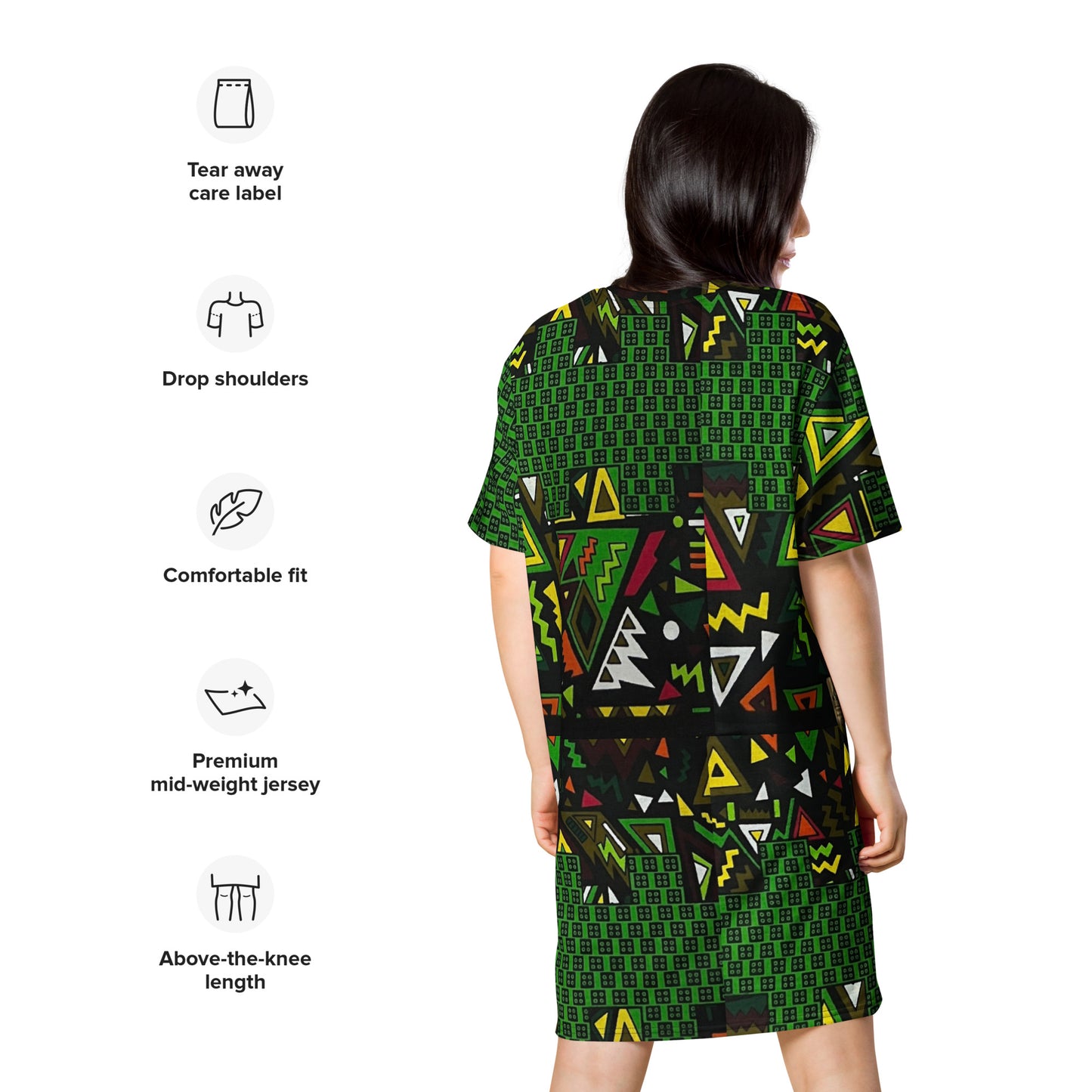 Vibrant Multicolour Green Black Yellow Red Ethnic Ankara T-shirt Dress