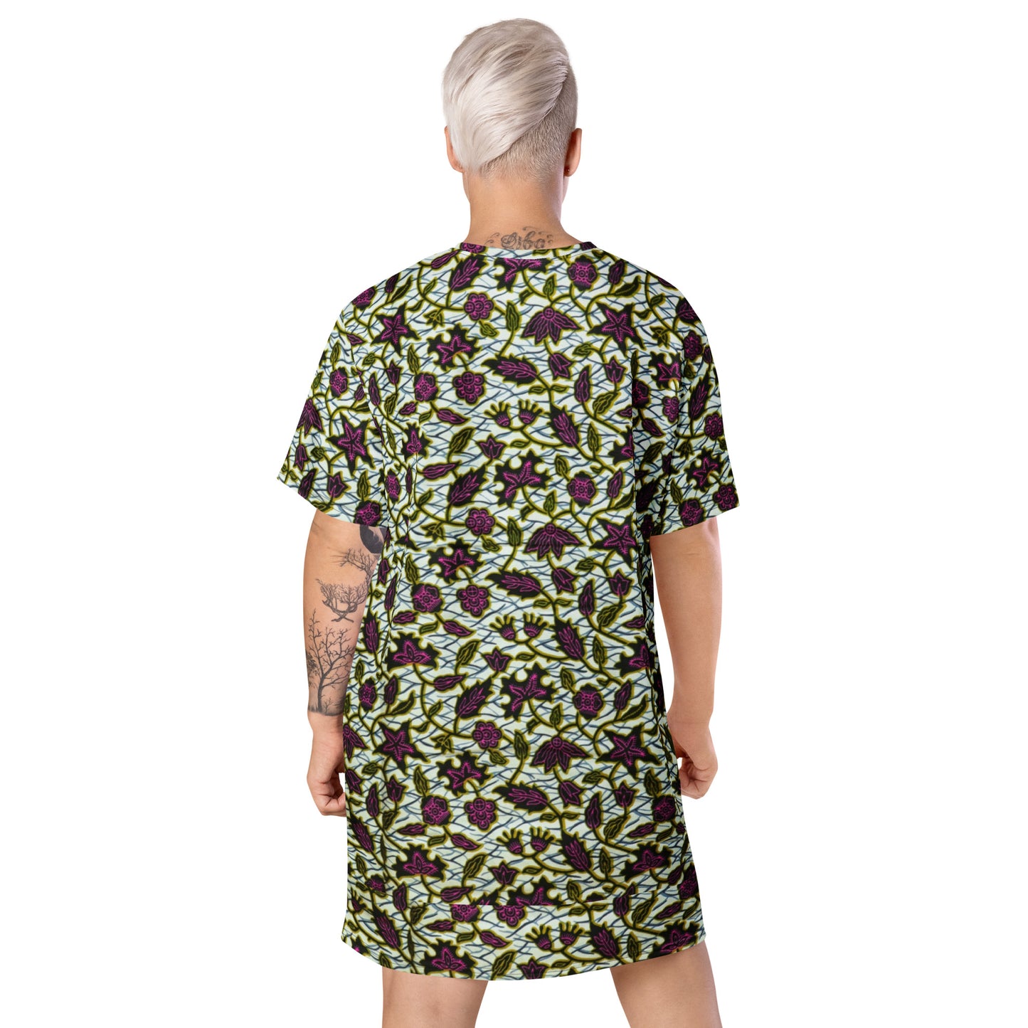 Pink Green Leaves Ankara T-shirt Dress