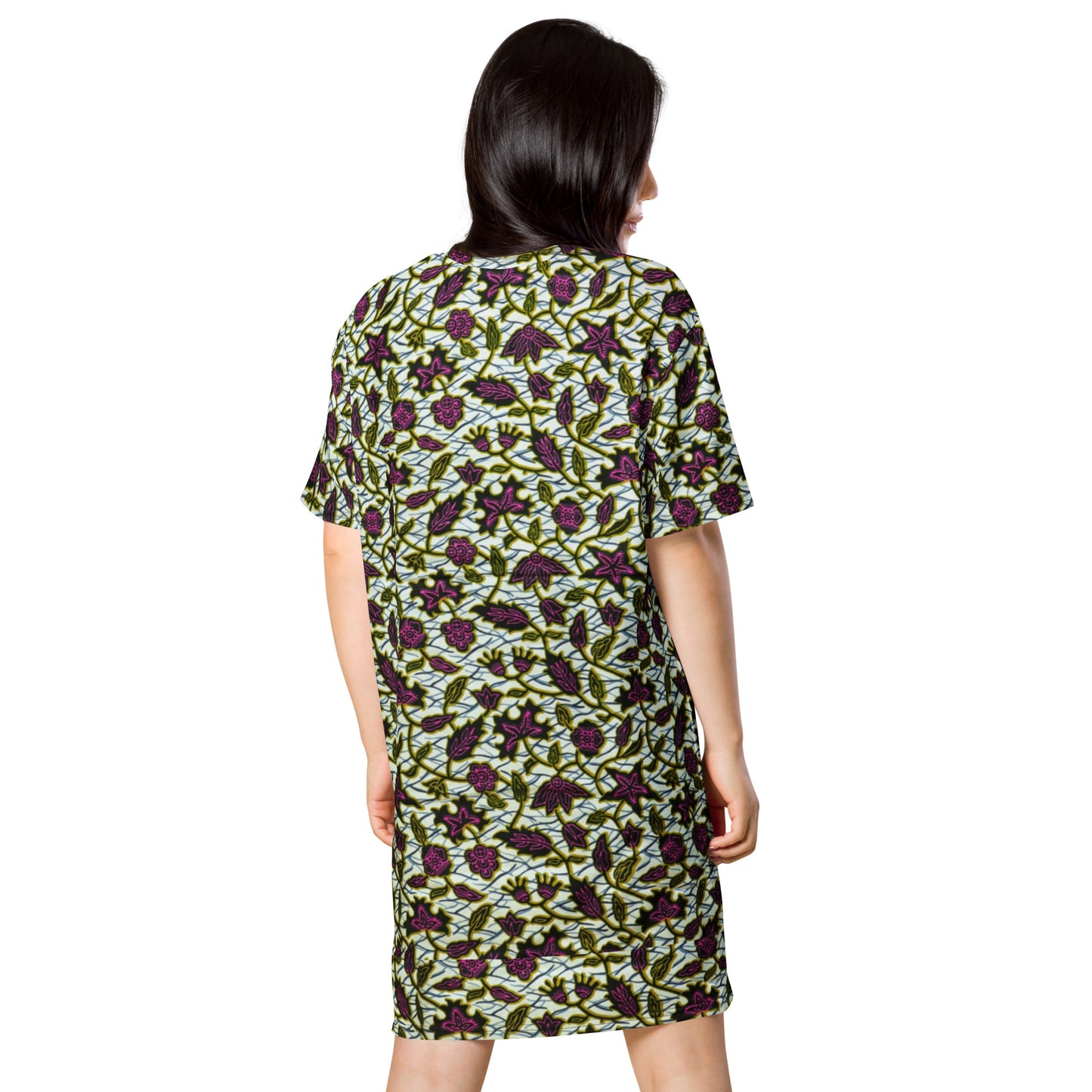 Pink Green Leaves Ankara T-shirt Dress