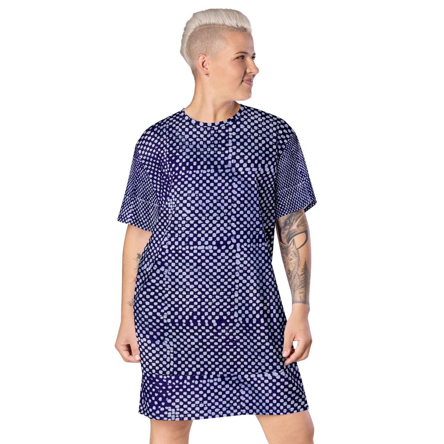 Purple And White Polka Dots Adire T-shirt Dress