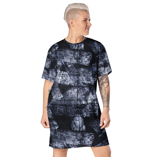 Dark Blue And White African Fabric T-shirt Dress