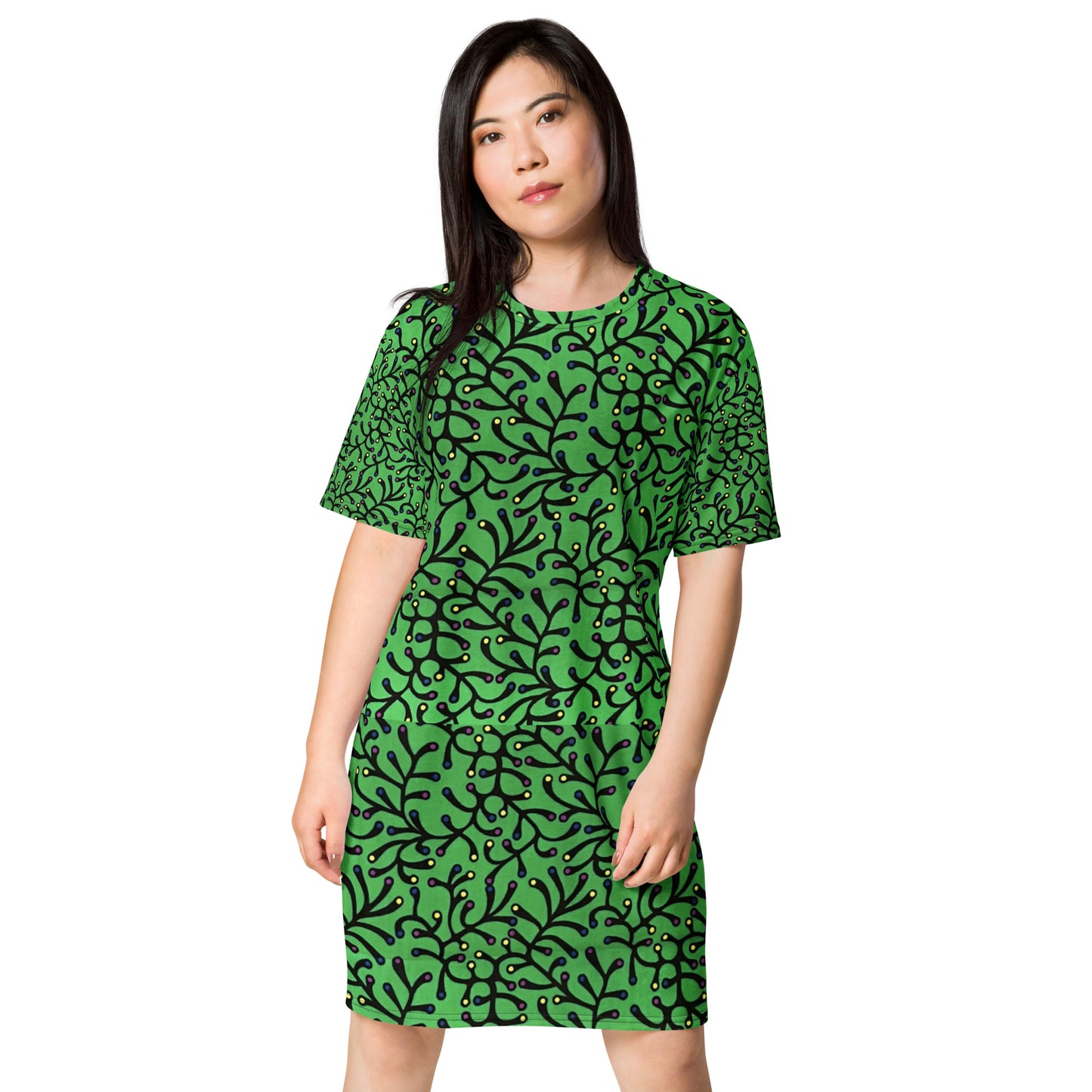 Vibrant Green And Yellow Polka Dots African Print Ankara T-shirt dress