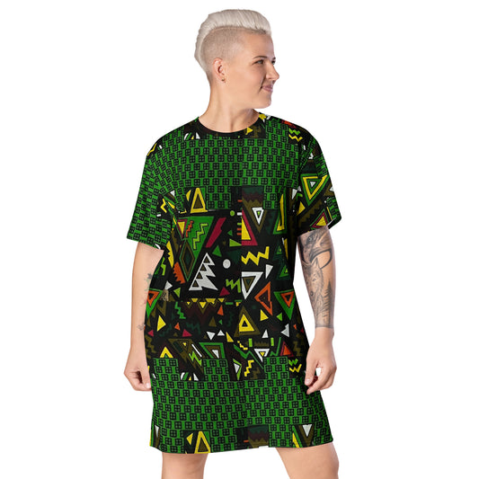 Vibrant Multicolour Green Black Yellow Red Ethnic Ankara T-shirt Dress