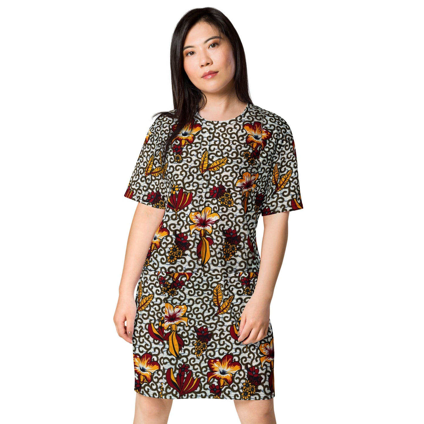 Red White Yellow Flower Ankara T-shirt Dress