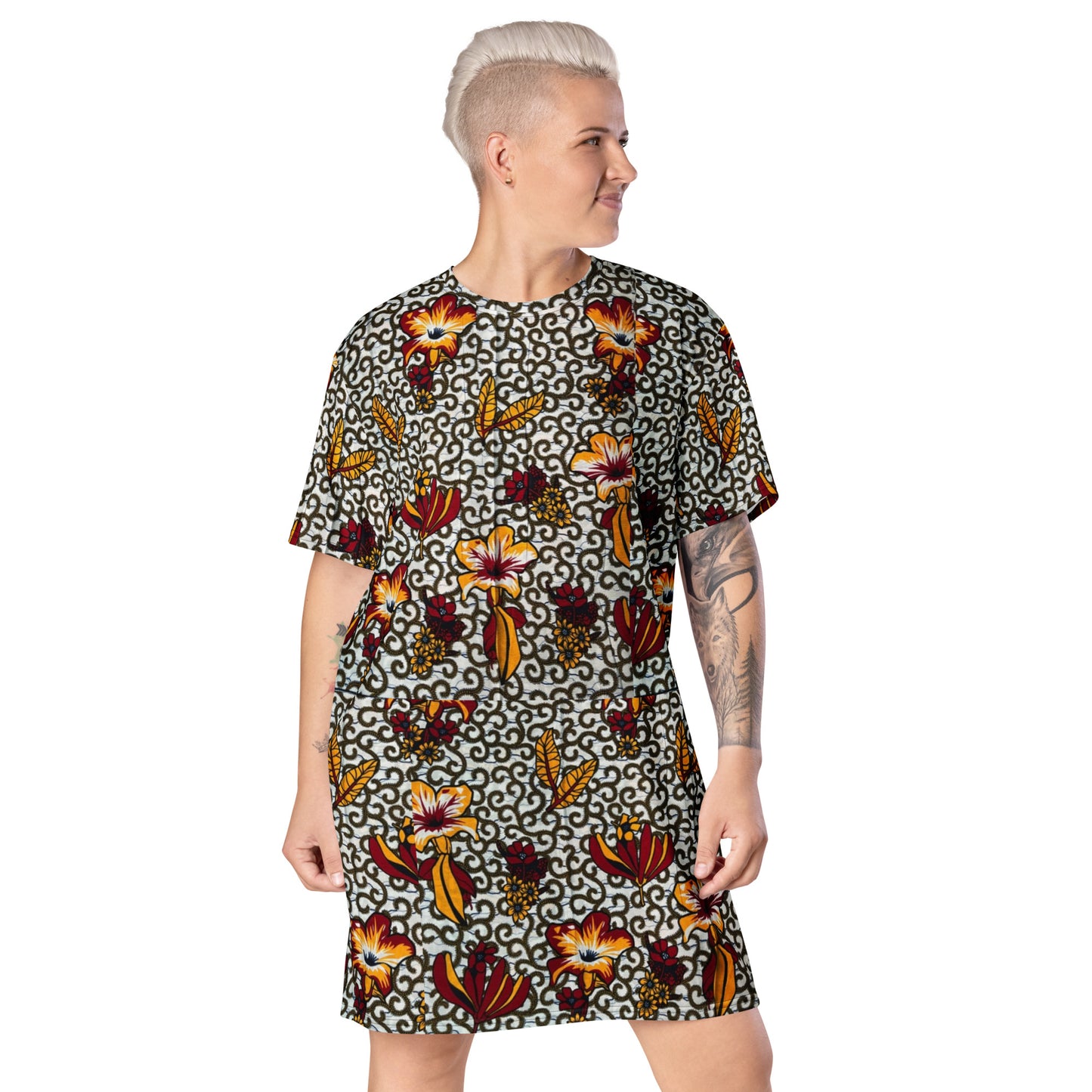 Red White Yellow Flower Ankara T-shirt Dress