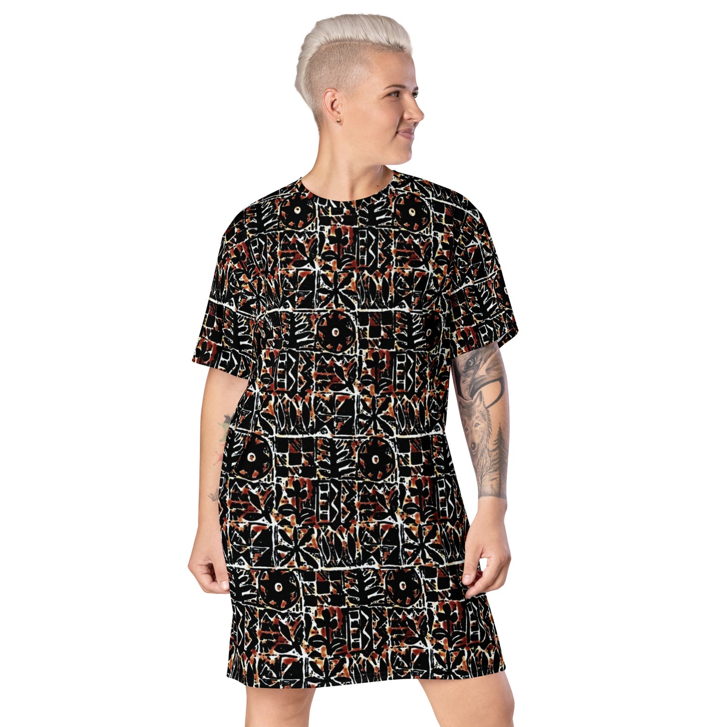 Red Black Abstract Adire Ankara T-shirt Dress