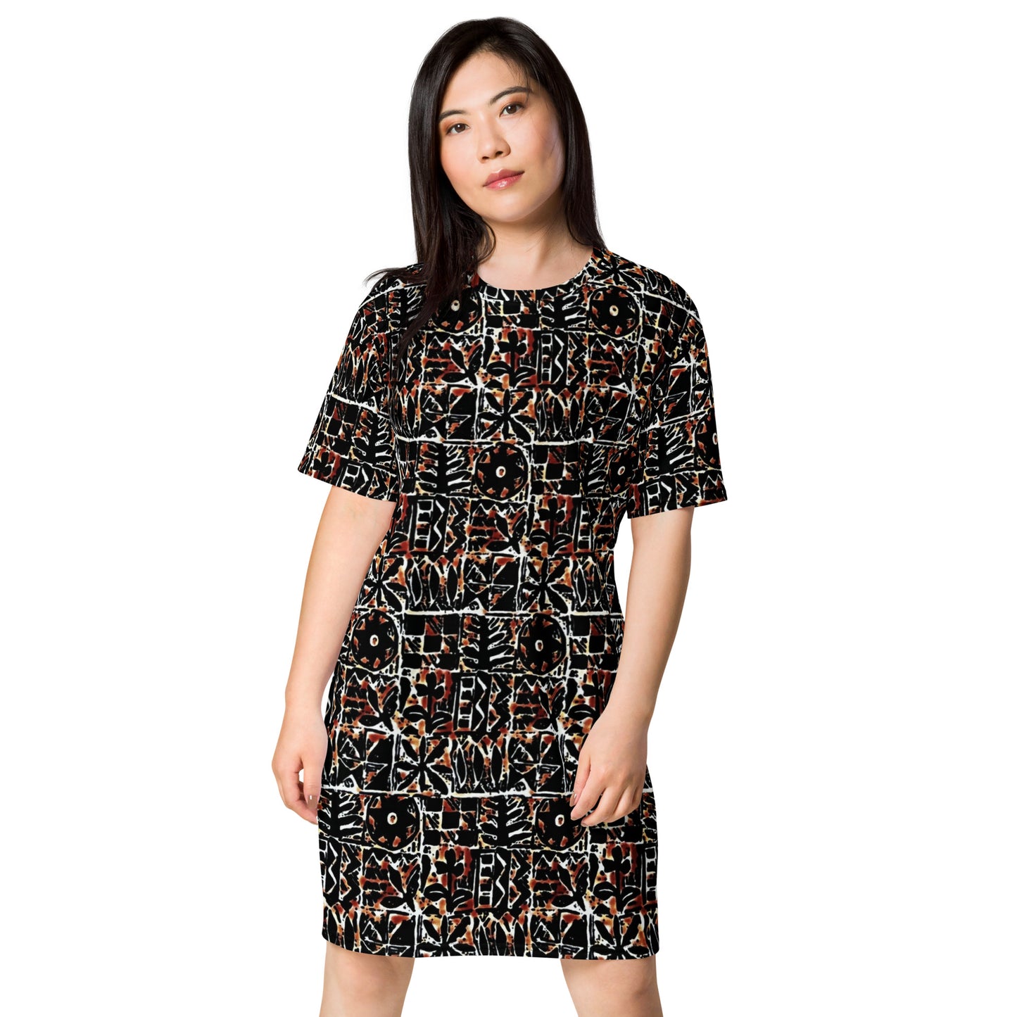 Red Black Abstract Adire Ankara T-shirt Dress