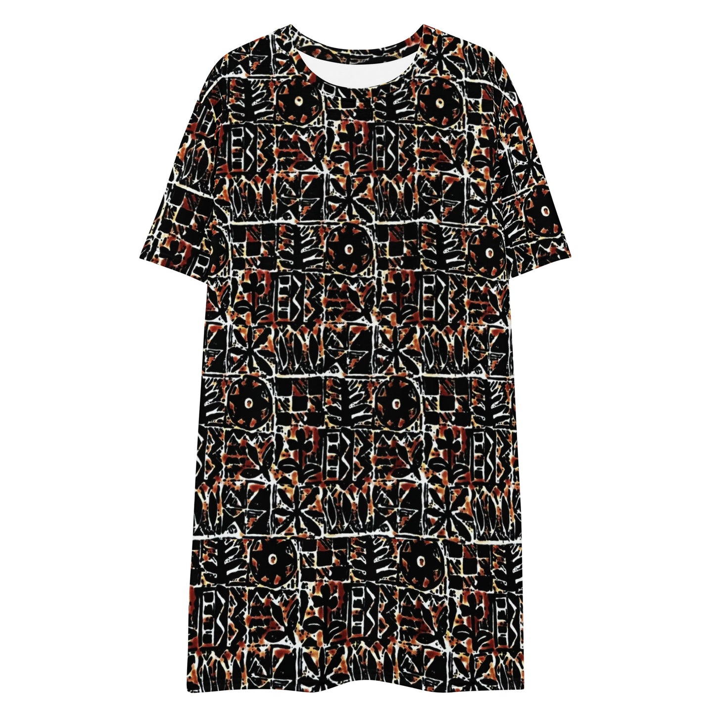 Red Black Abstract Adire Ankara T-shirt Dress