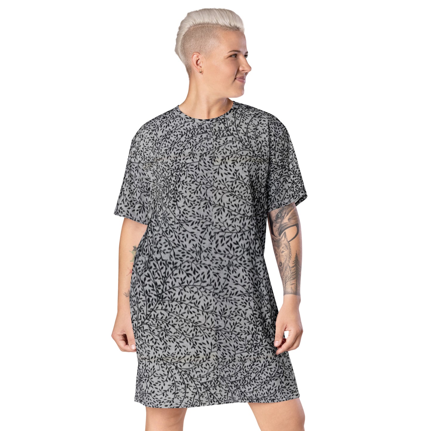 White Black Leaves Ankara T-shirt Dress