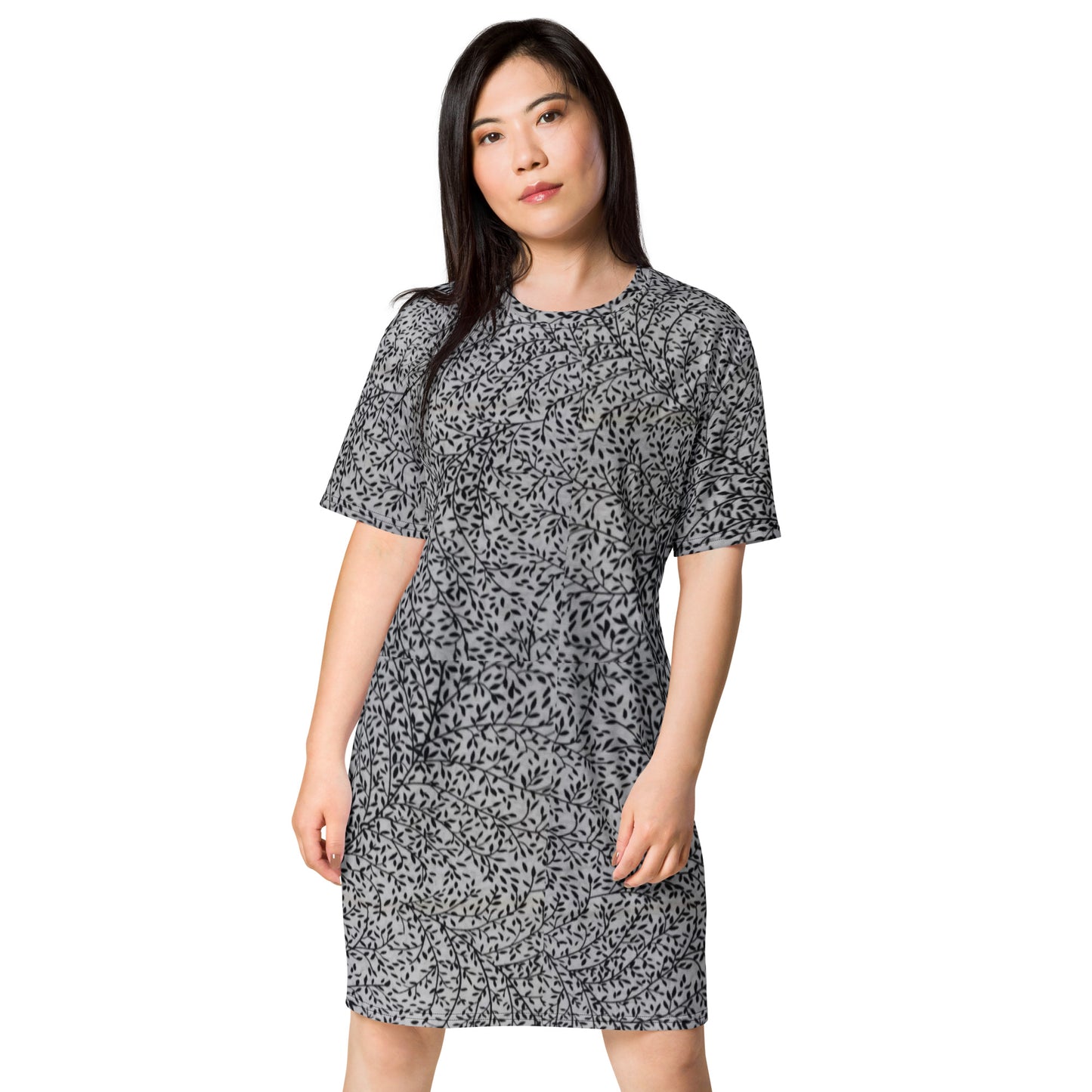 White Black Leaves Ankara T-shirt Dress