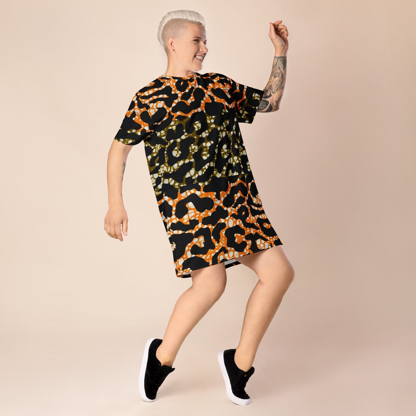 Green Orange Leopard T-Shirt Dress