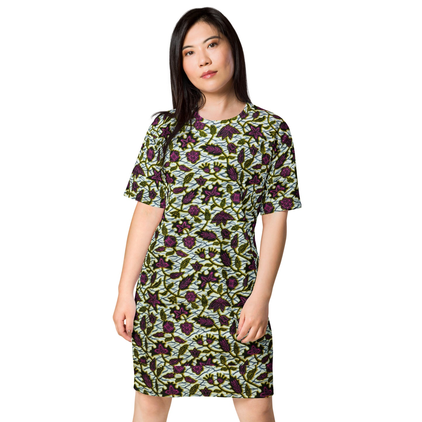 Pink Green Leaves Ankara T-shirt Dress