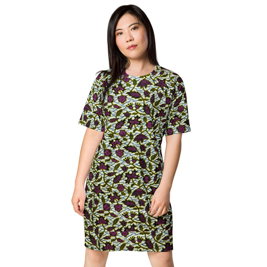 Pink Green Leaves Ankara T-shirt Dress