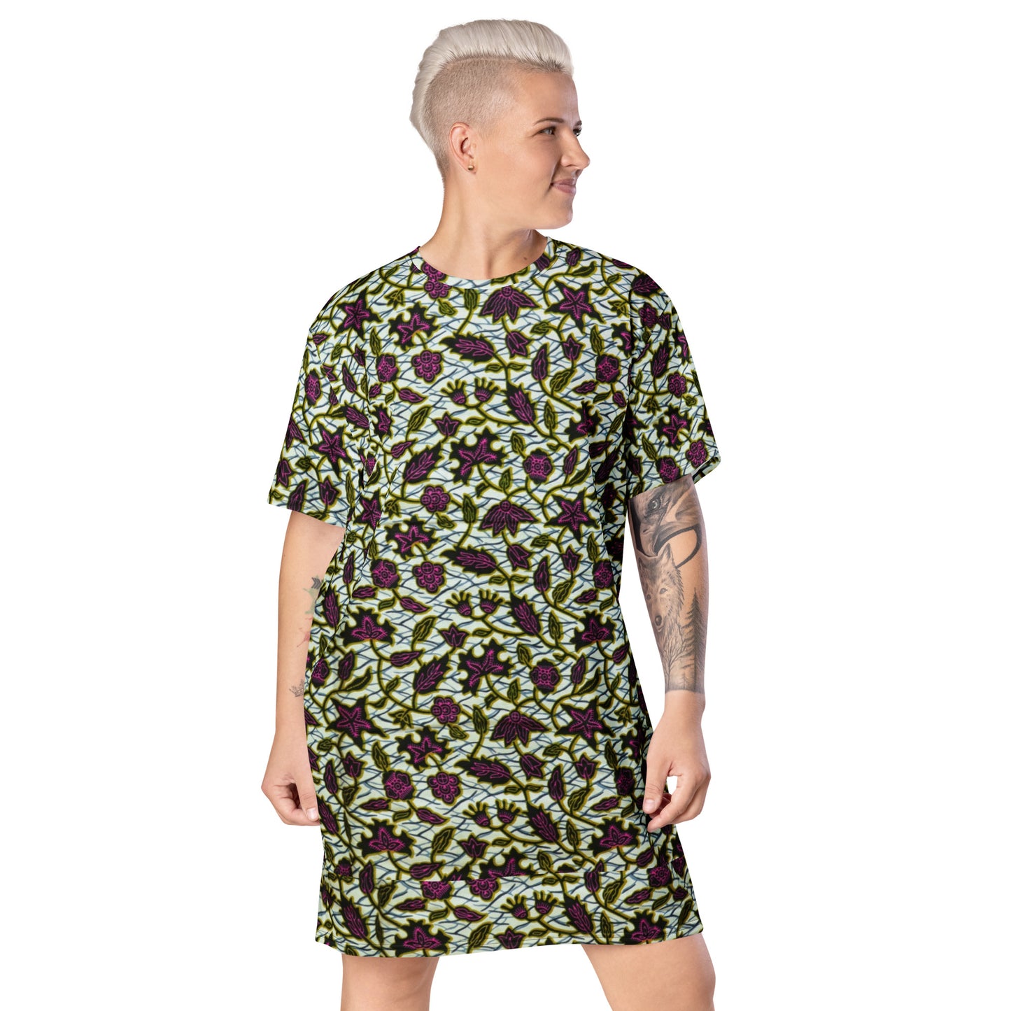 Pink Green Leaves Ankara T-shirt Dress