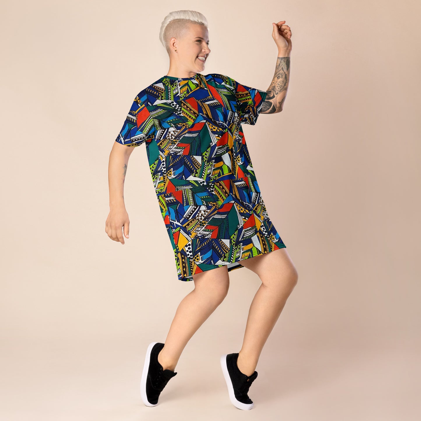 Multicolour Shapes Ankara T-Shirt Dress