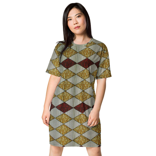 Burgundy Gold Diamond Ankara T-shirt Dress