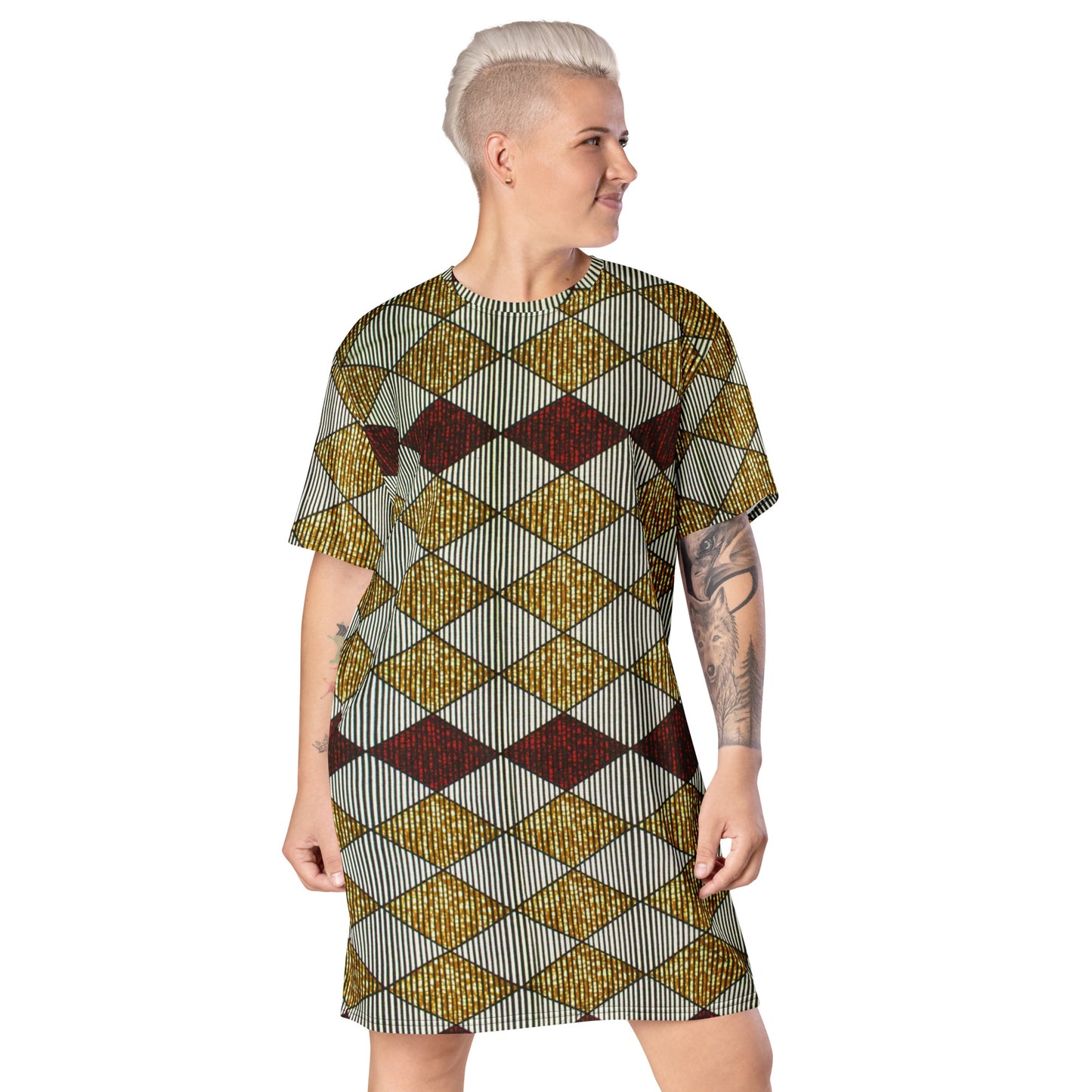 Burgundy Gold Diamond Ankara T-shirt Dress