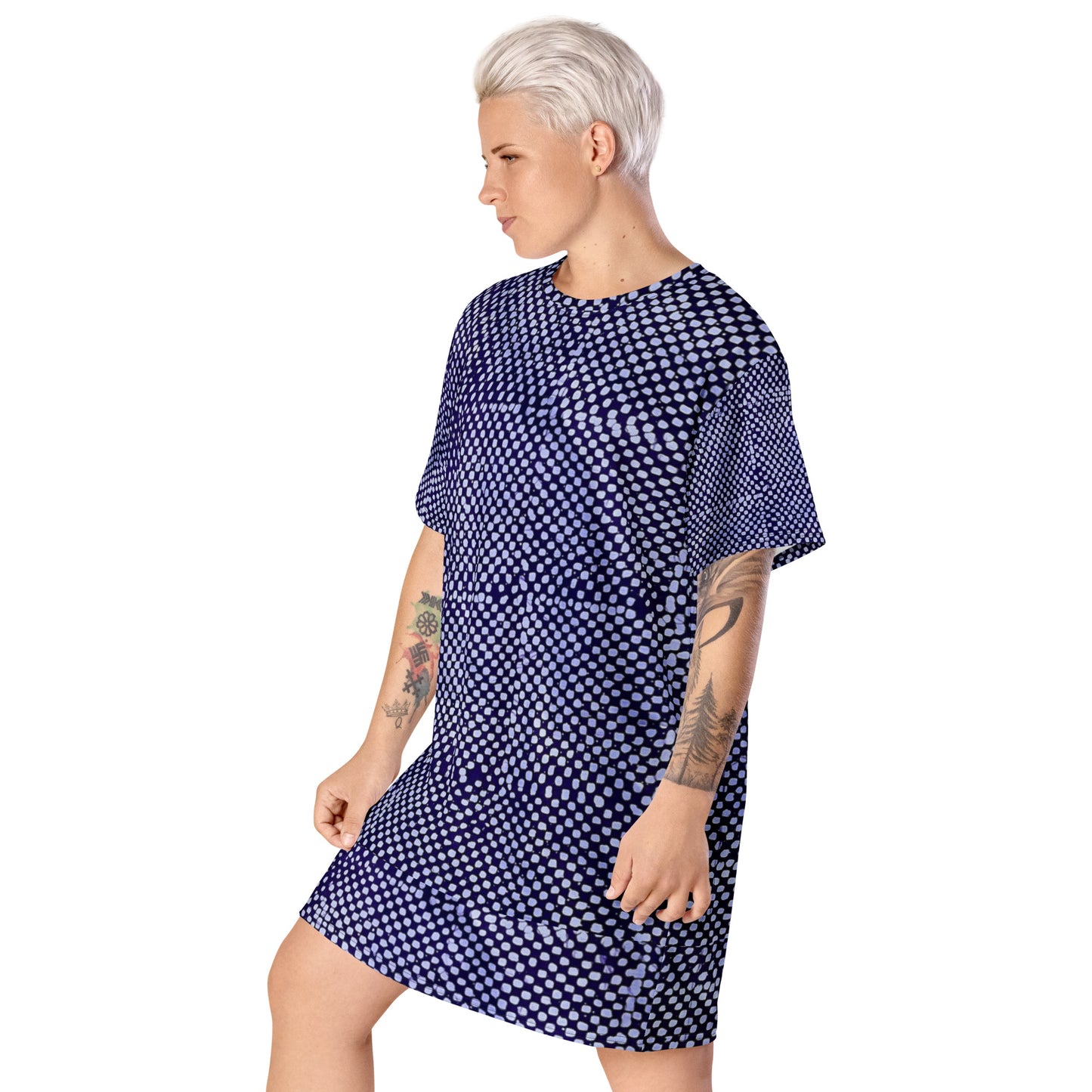 Purple And White Polka Dots Adire T-shirt Dress