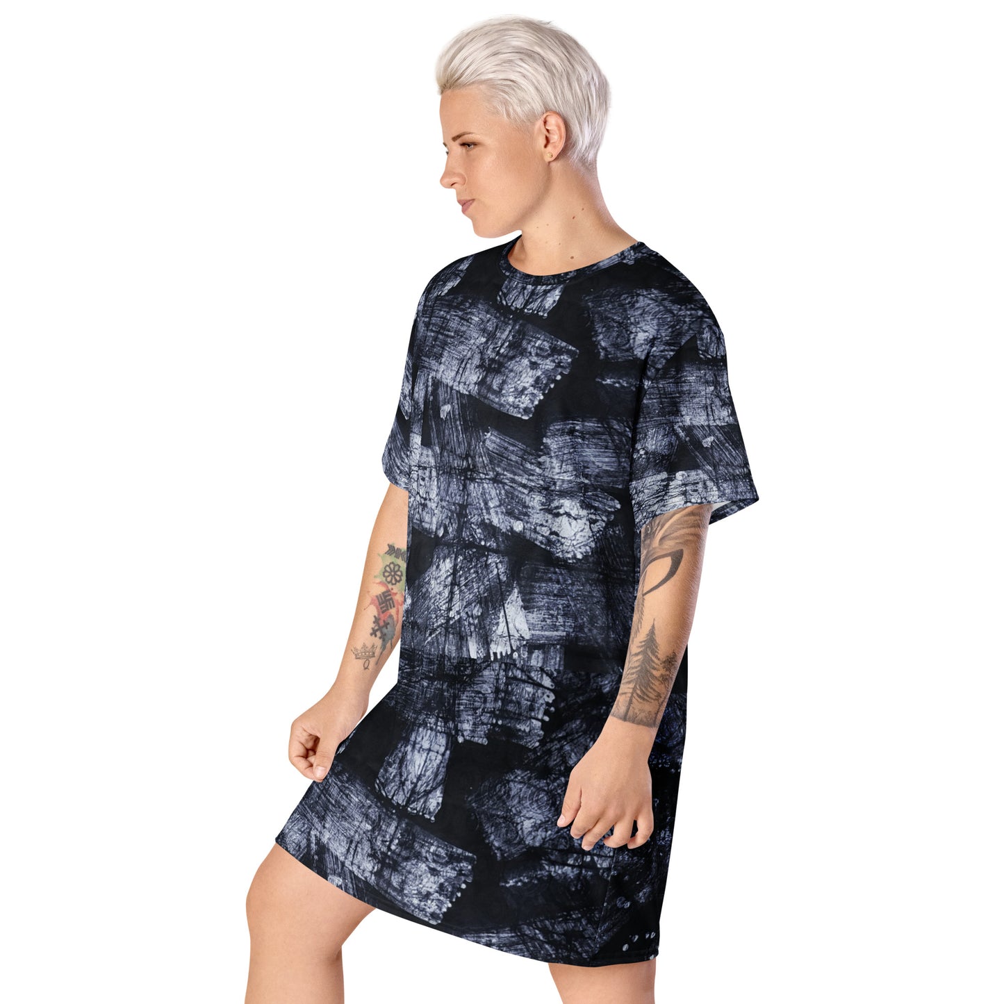 Dark Blue And White African Fabric T-shirt Dress