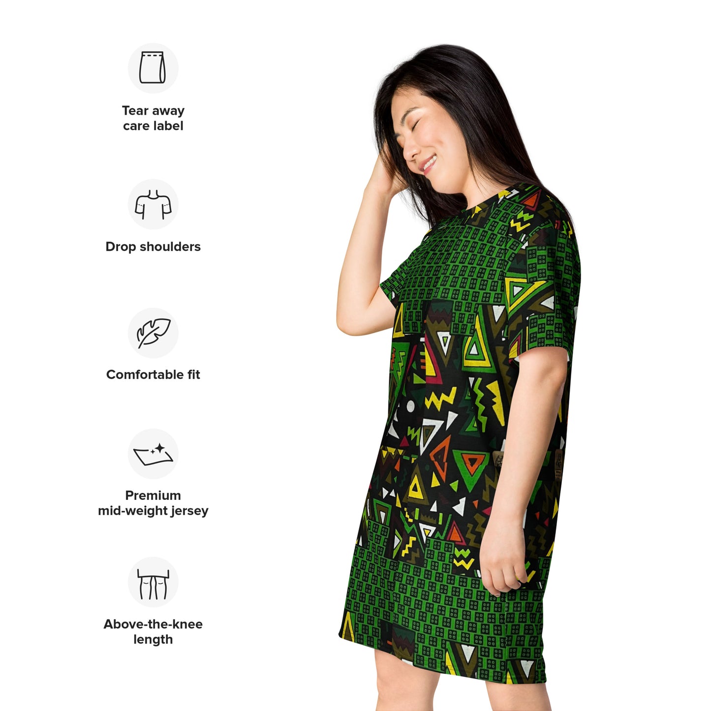 Vibrant Multicolour Green Black Yellow Red Ethnic Ankara T-shirt Dress