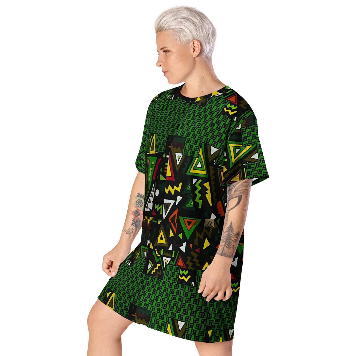 Vibrant Multicolour Green Black Yellow Red Ethnic Ankara T-shirt Dress