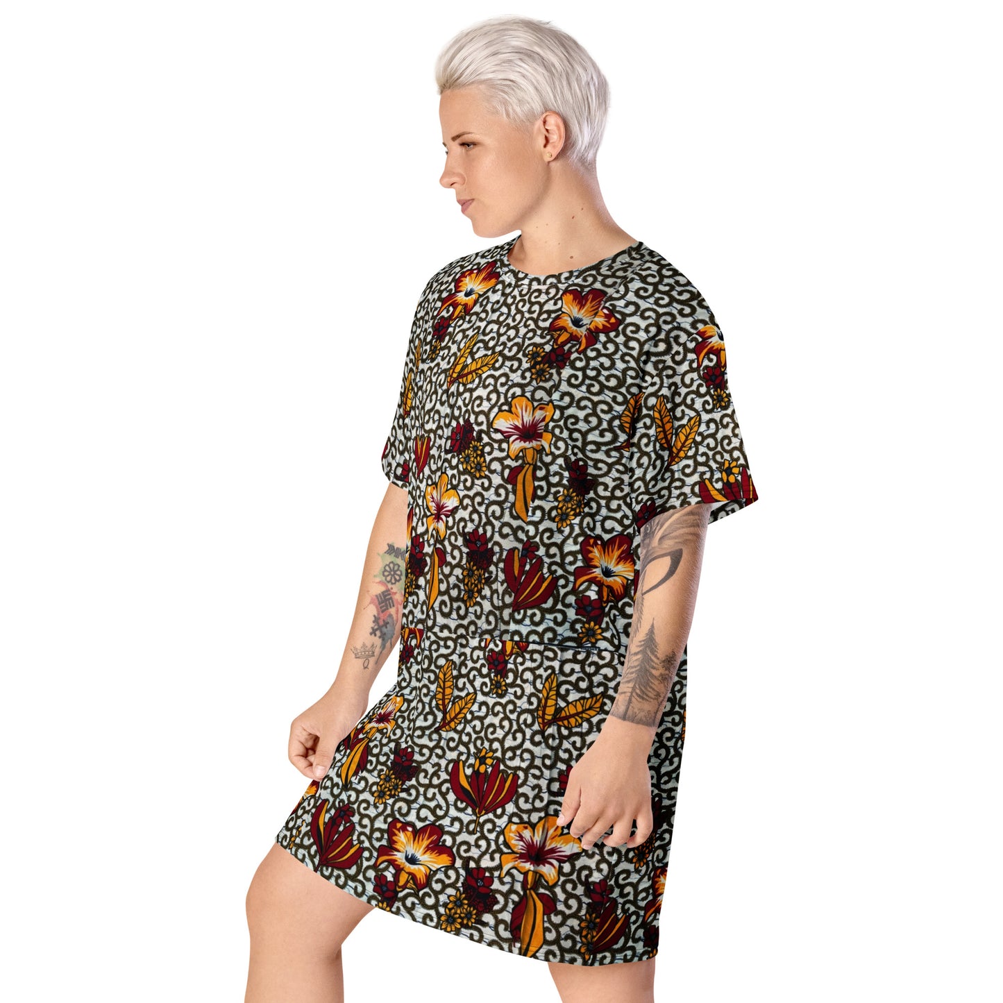 Red White Yellow Flower Ankara T-shirt Dress