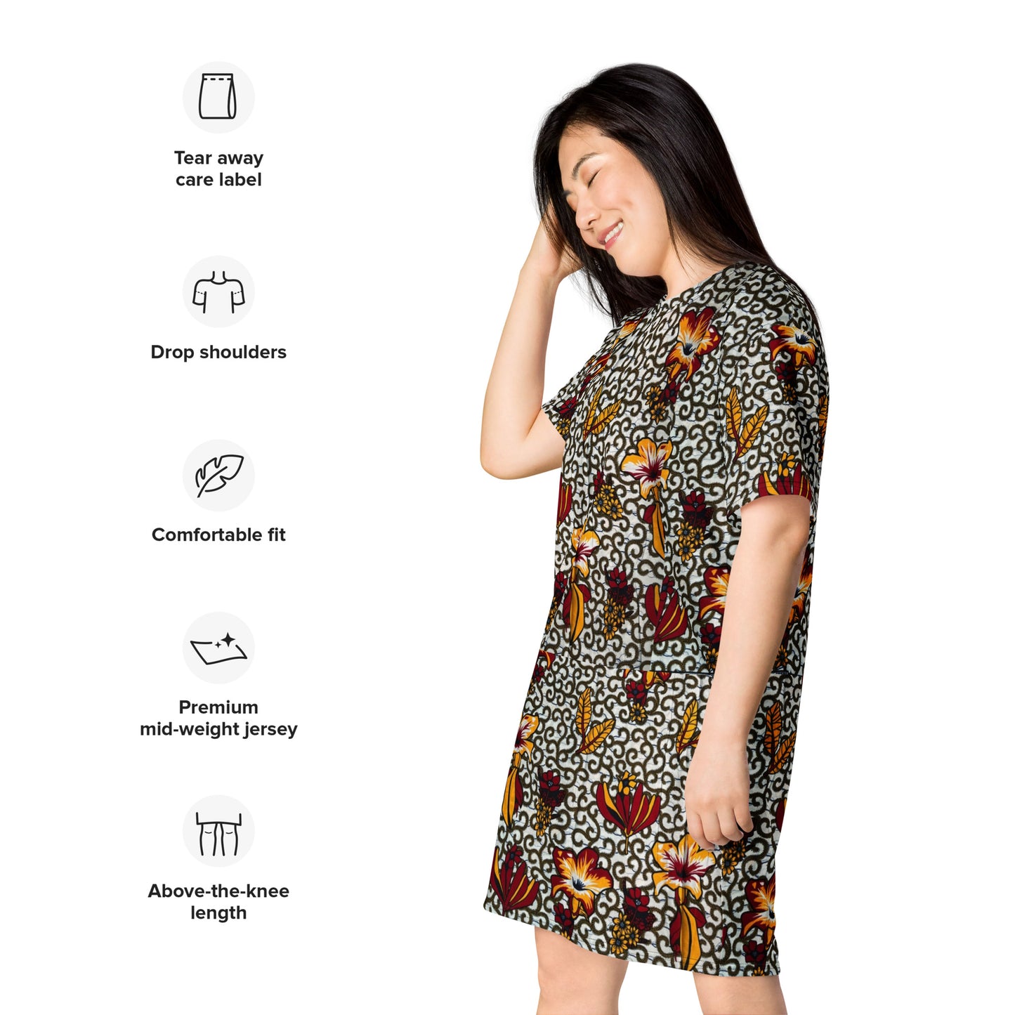 Red White Yellow Flower Ankara T-shirt Dress