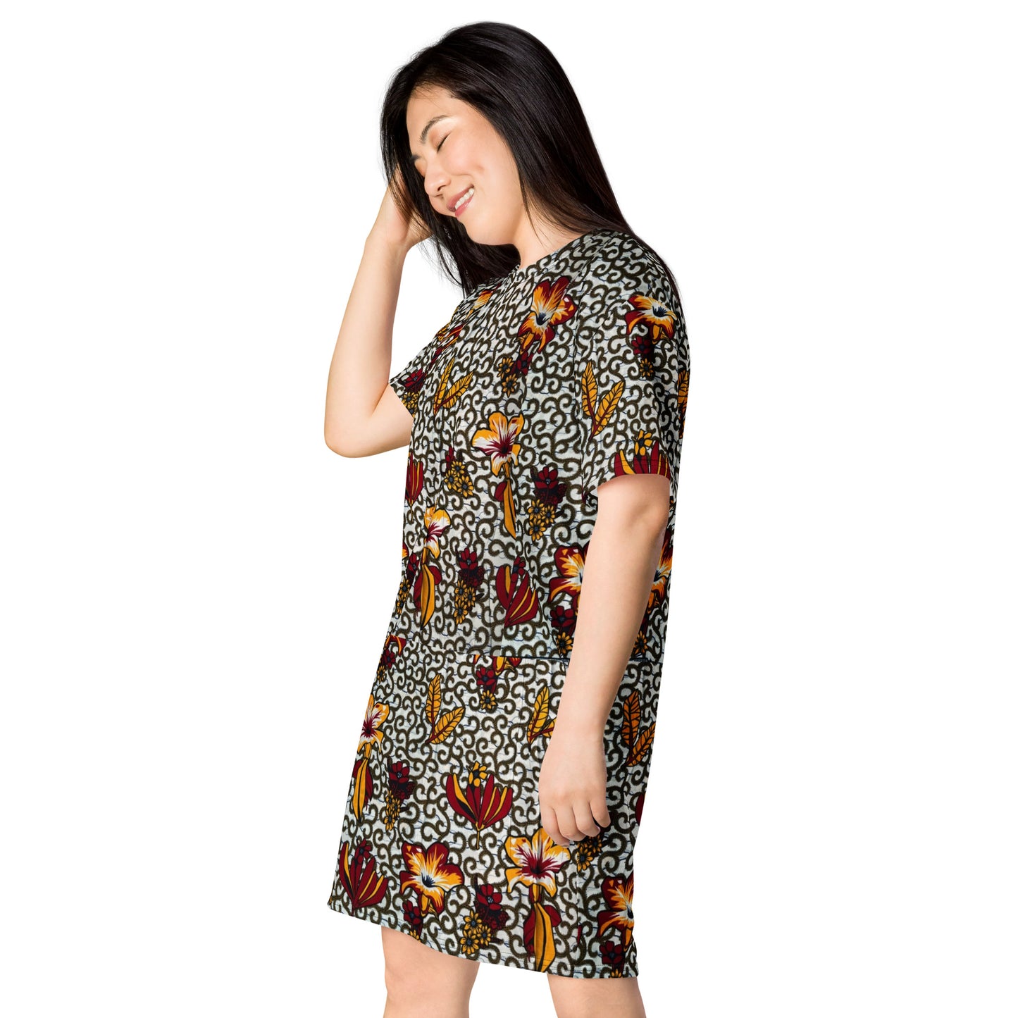 Red White Yellow Flower Ankara T-shirt Dress