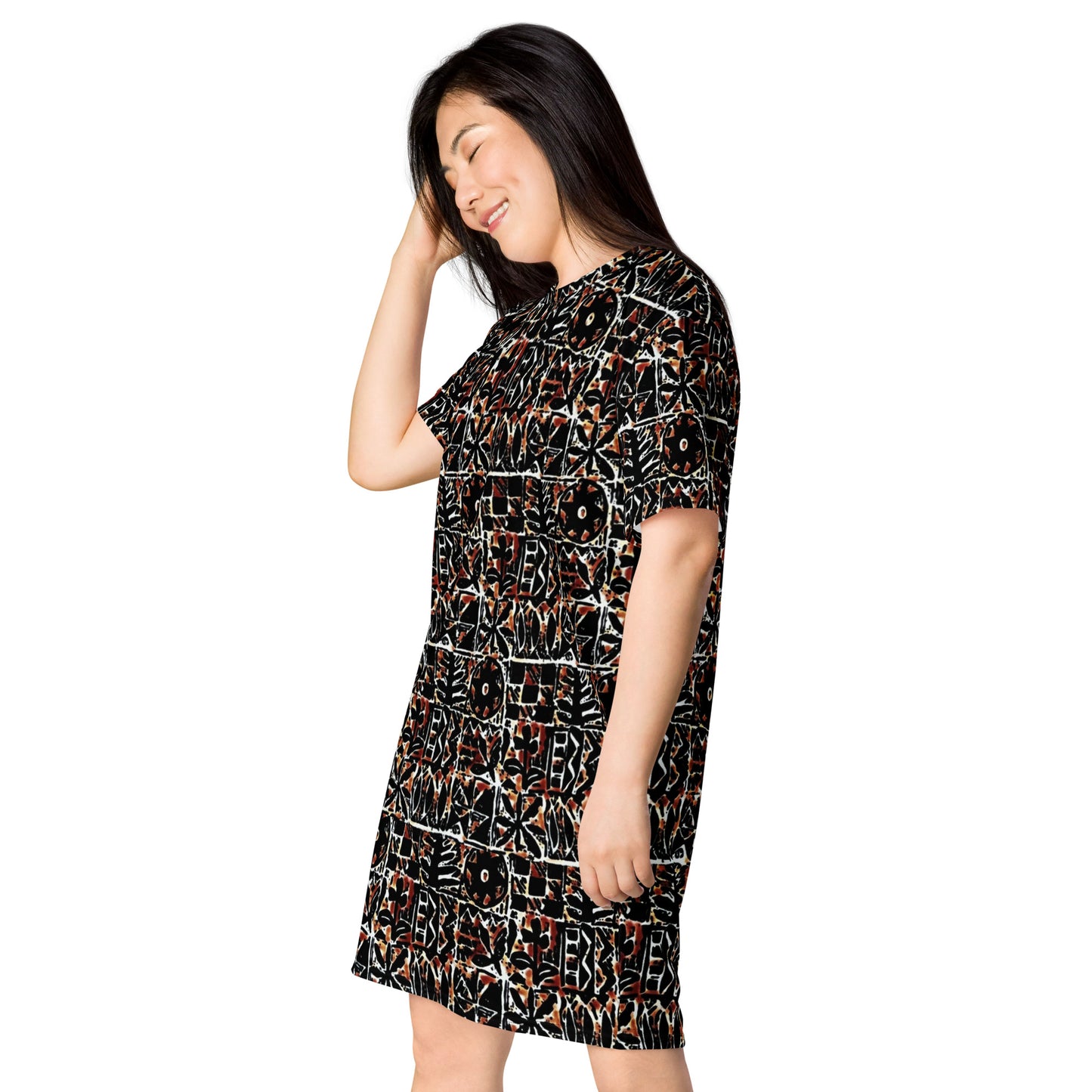 Red Black Abstract Adire Ankara T-shirt Dress