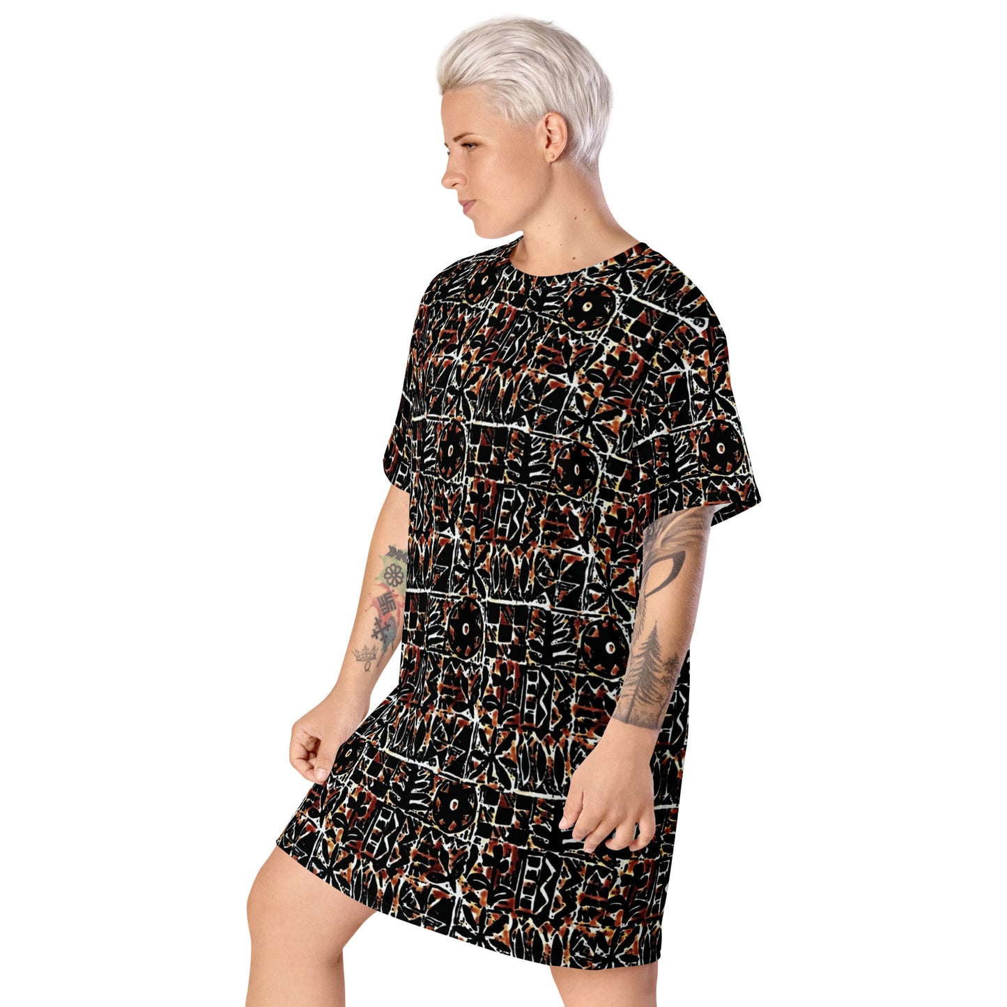 Red Black Abstract Adire Ankara T-shirt Dress