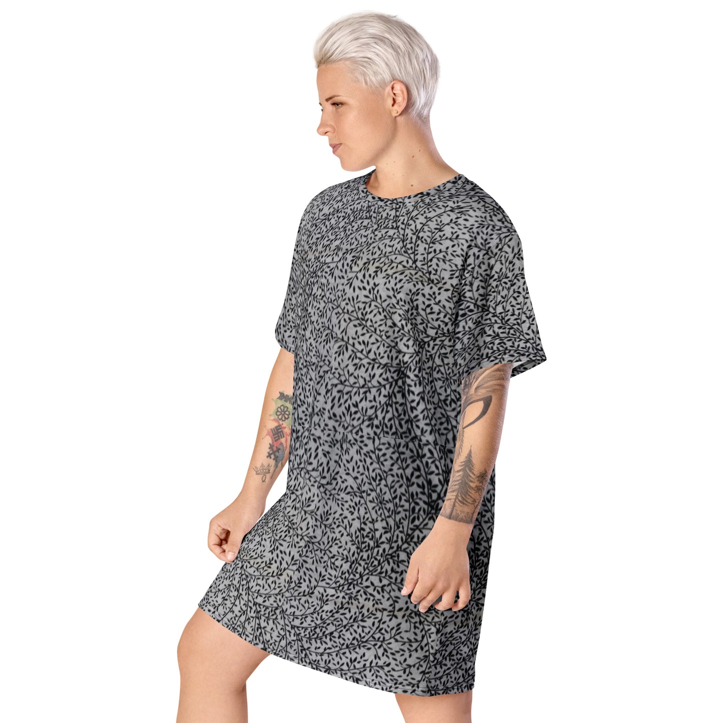 White Black Leaves Ankara T-shirt Dress