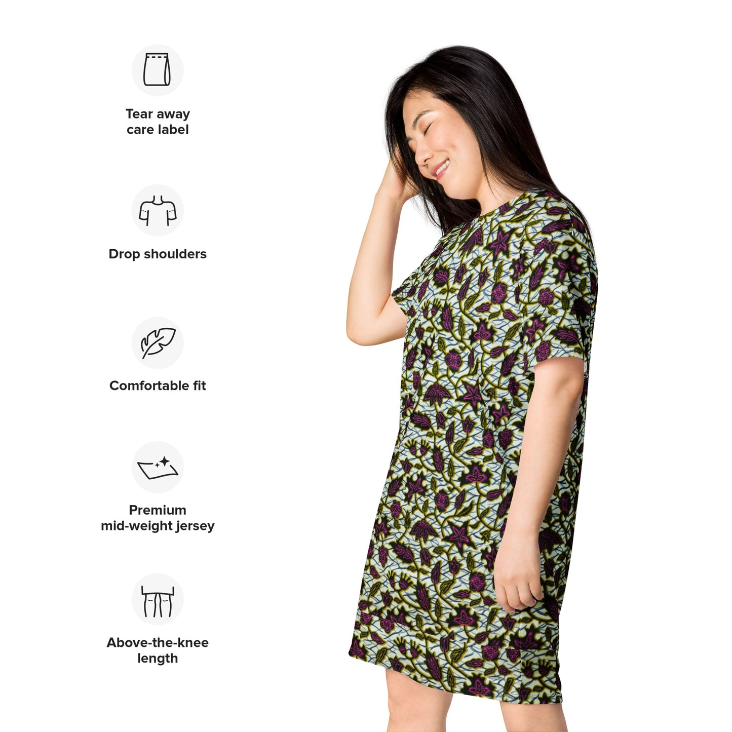 Pink Green Leaves Ankara T-shirt Dress