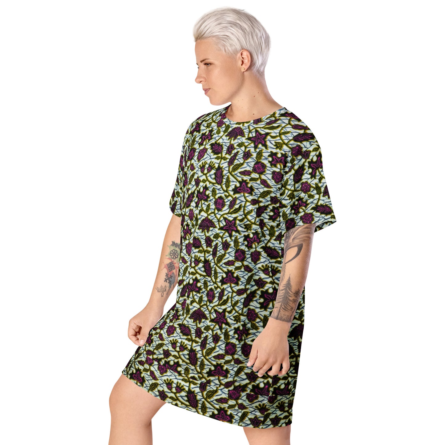 Pink Green Leaves Ankara T-shirt Dress