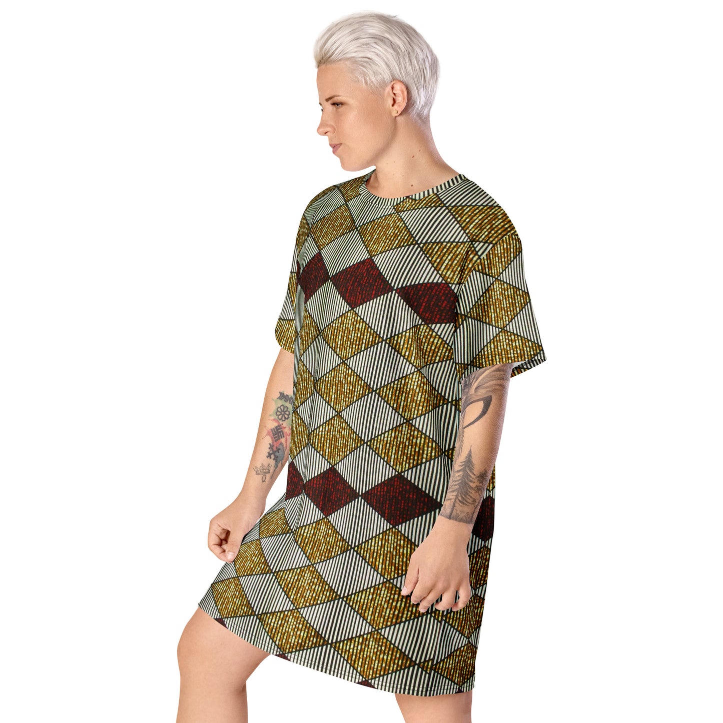 Burgundy Gold Diamond Ankara T-shirt Dress