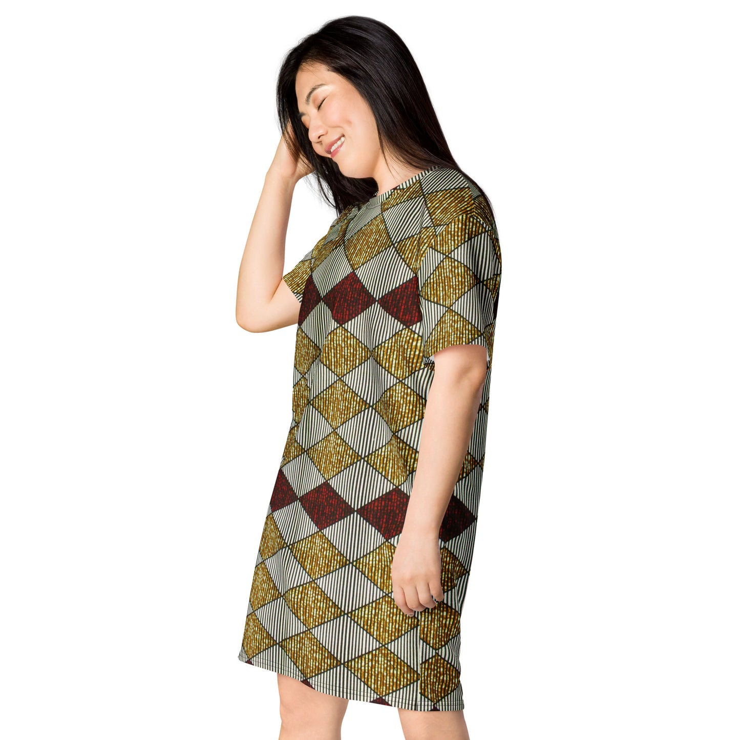 Burgundy Gold Diamond Ankara T-shirt Dress