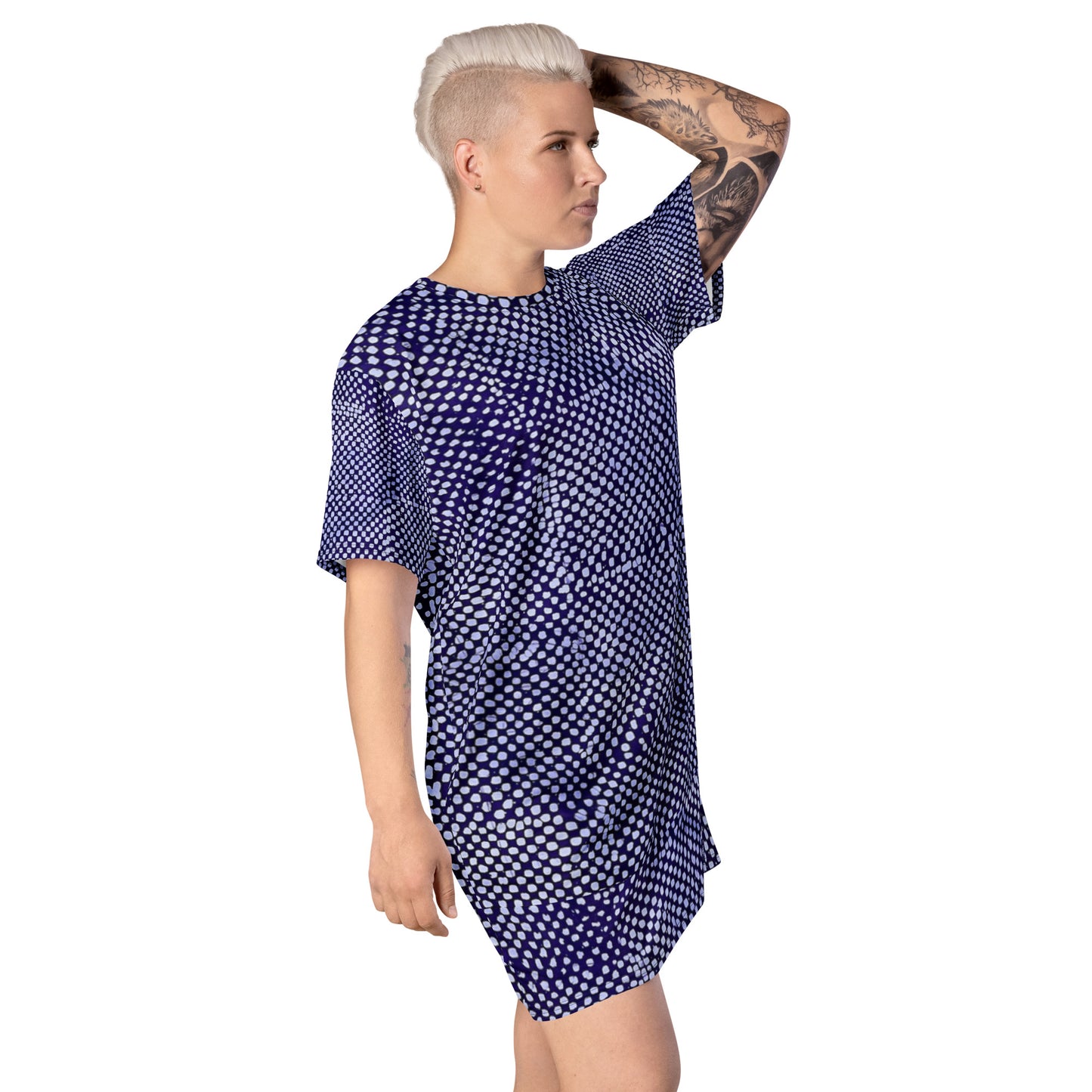 Purple And White Polka Dots Adire T-shirt Dress