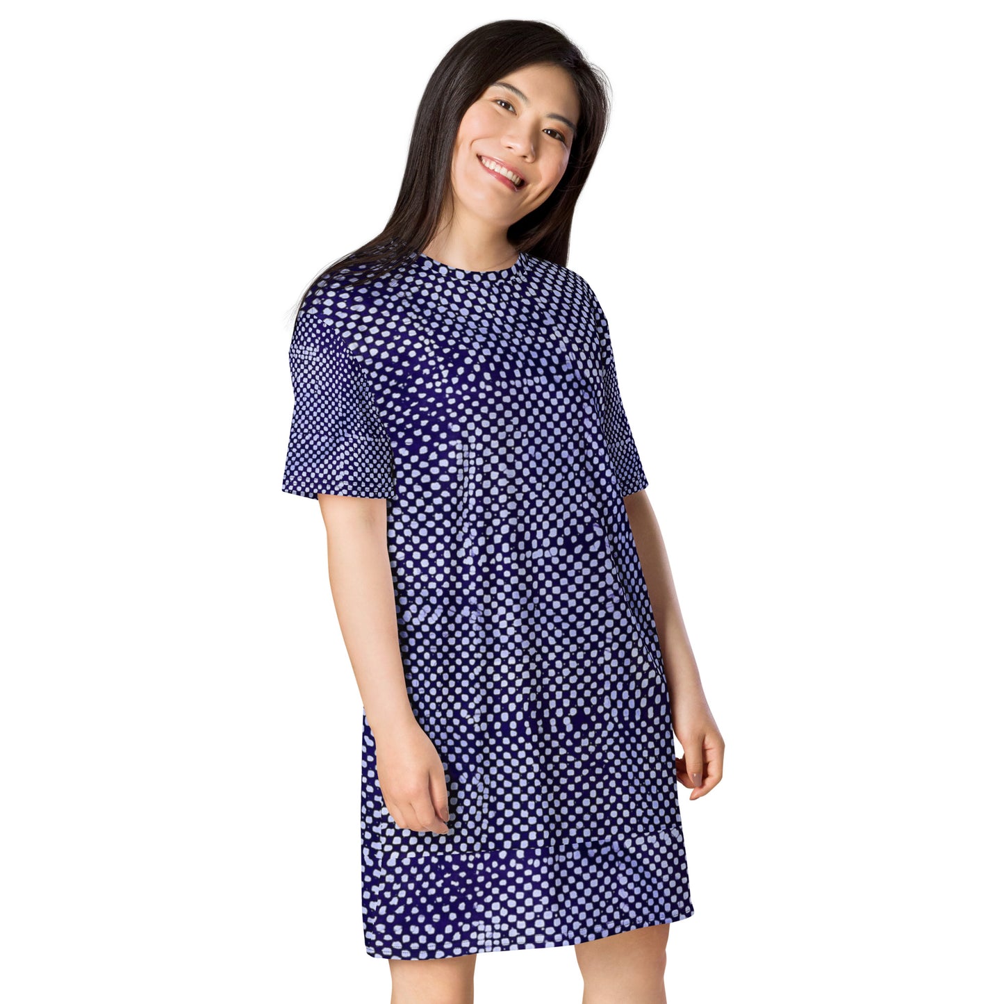 Purple And White Polka Dots Adire T-shirt Dress