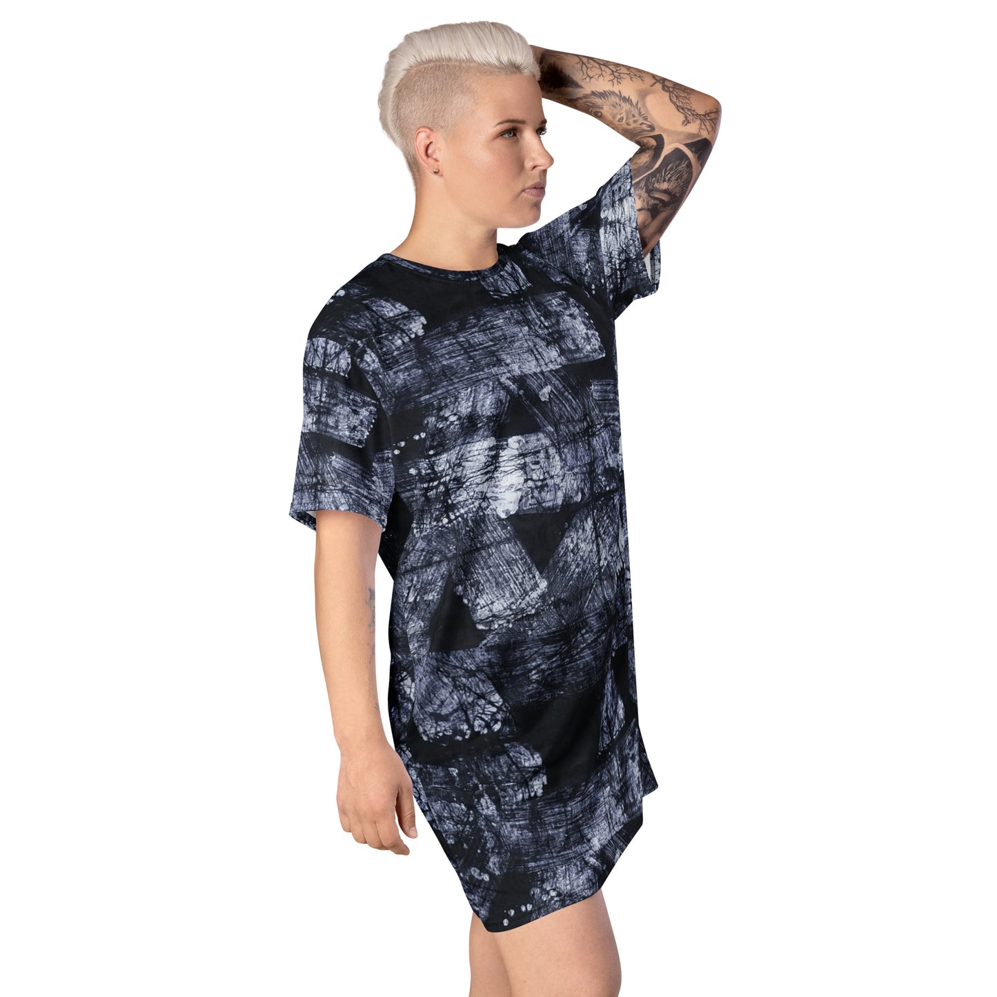 Dark Blue And White African Fabric T-shirt Dress